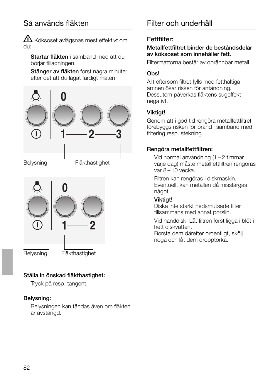 Så används fläkten, Filter och underhåll | Siemens LC 47650 User Manual | Page 82 / 124