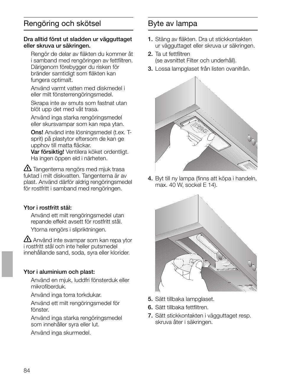 Byte av lampa, Rengöring och skötsel | Siemens LC 47650 User Manual | Page 84 / 124