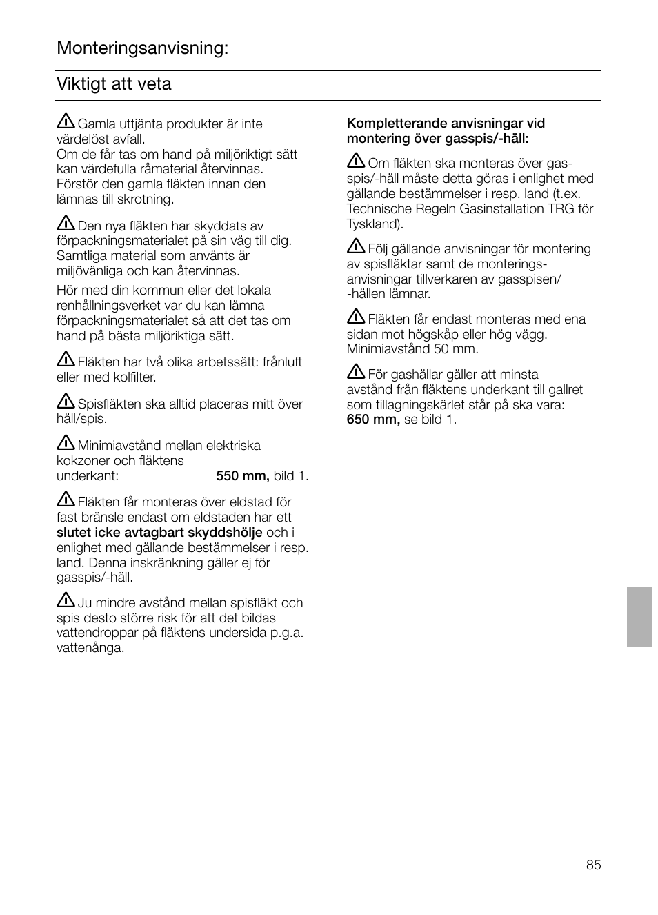 Viktigt att veta monteringsanvisning | Siemens LC 47650 User Manual | Page 85 / 124