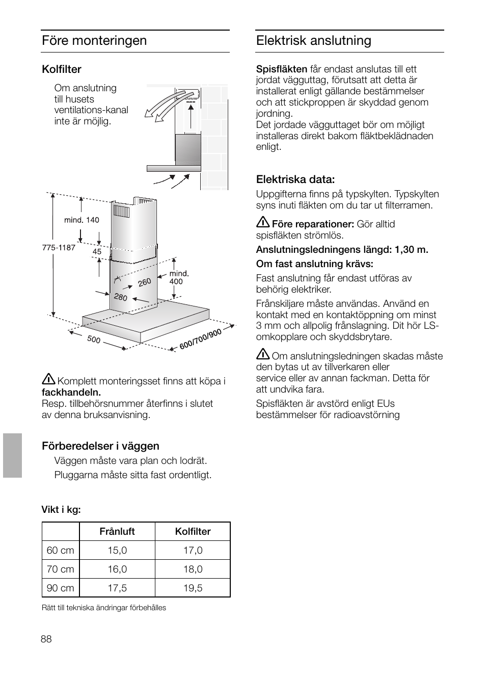 Elektrisk anslutning, Före monteringen | Siemens LC 47650 User Manual | Page 88 / 124