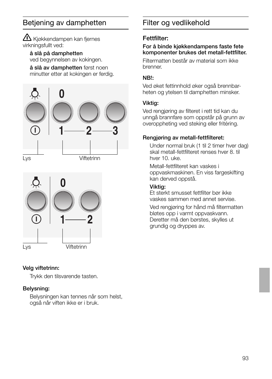 Betjening av damphetten, Filter og vedlikehold | Siemens LC 47650 User Manual | Page 93 / 124