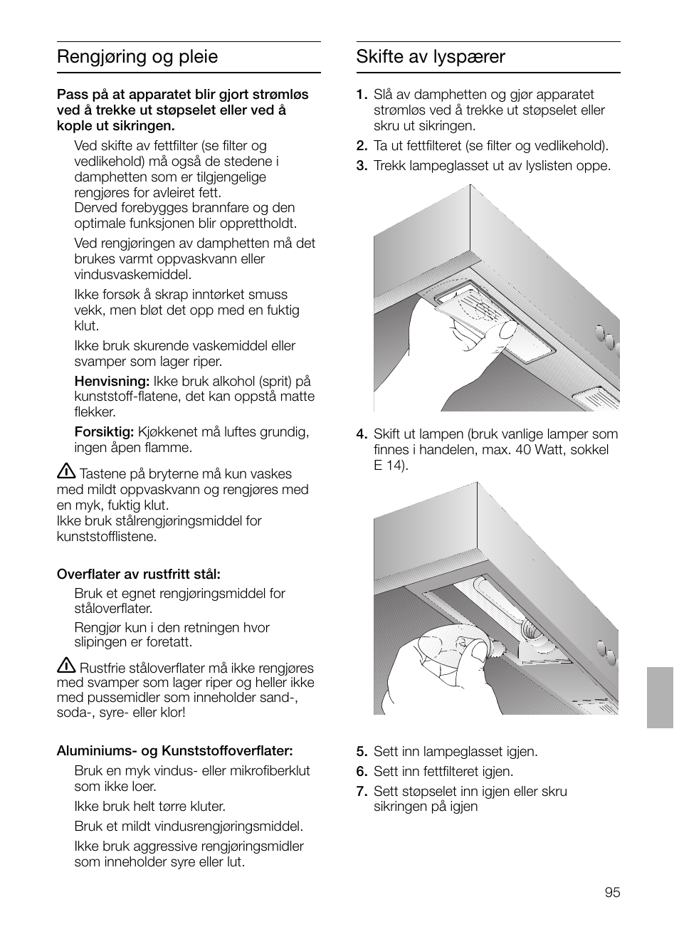Rengjøring og pleie, Skifte av lyspærer | Siemens LC 47650 User Manual | Page 95 / 124