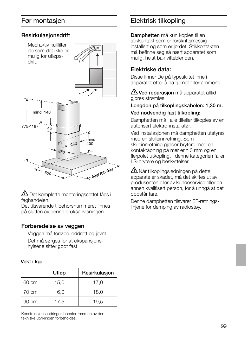 Elektrisk tilkopling, Før montasjen | Siemens LC 47650 User Manual | Page 99 / 124