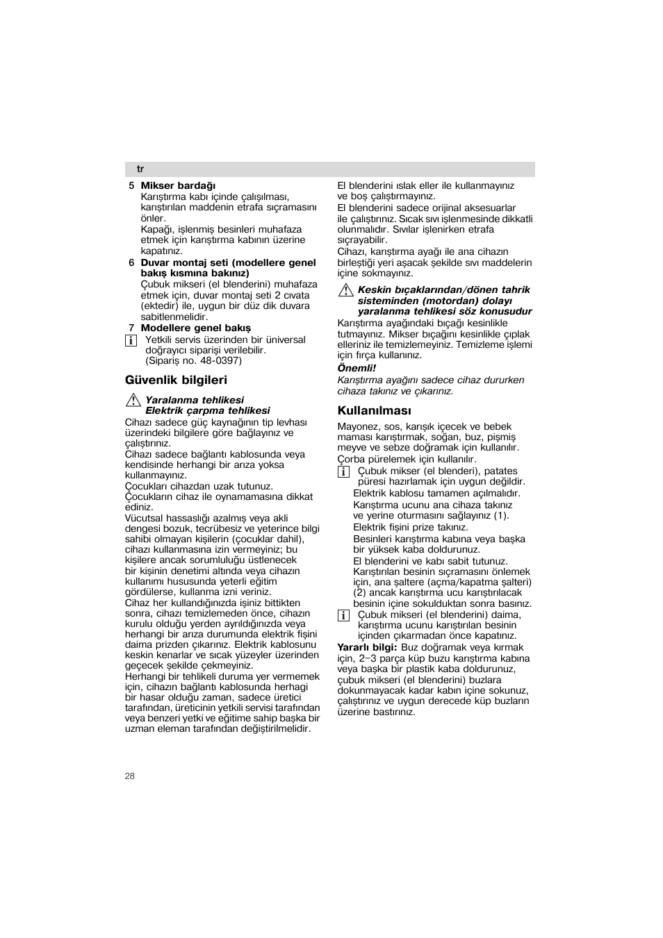 Güvenlik bilgileri, Kullanilmasi | Siemens MQ 5 N 119 User Manual | Page 28 / 51