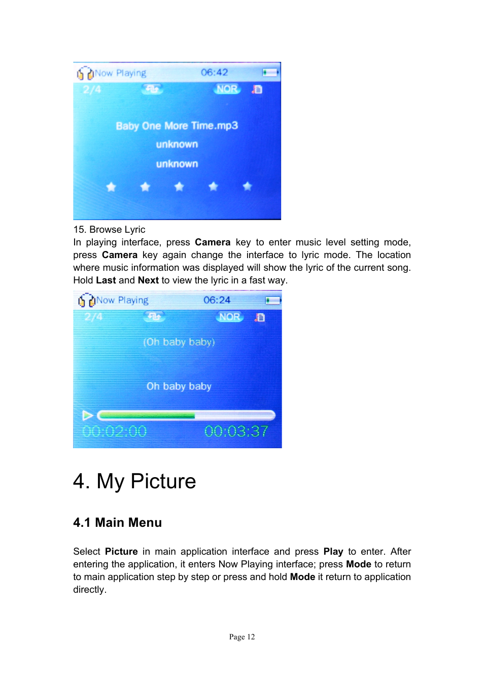 My picture, 1 main menu | Naxa NMV-151 User Manual | Page 13 / 35