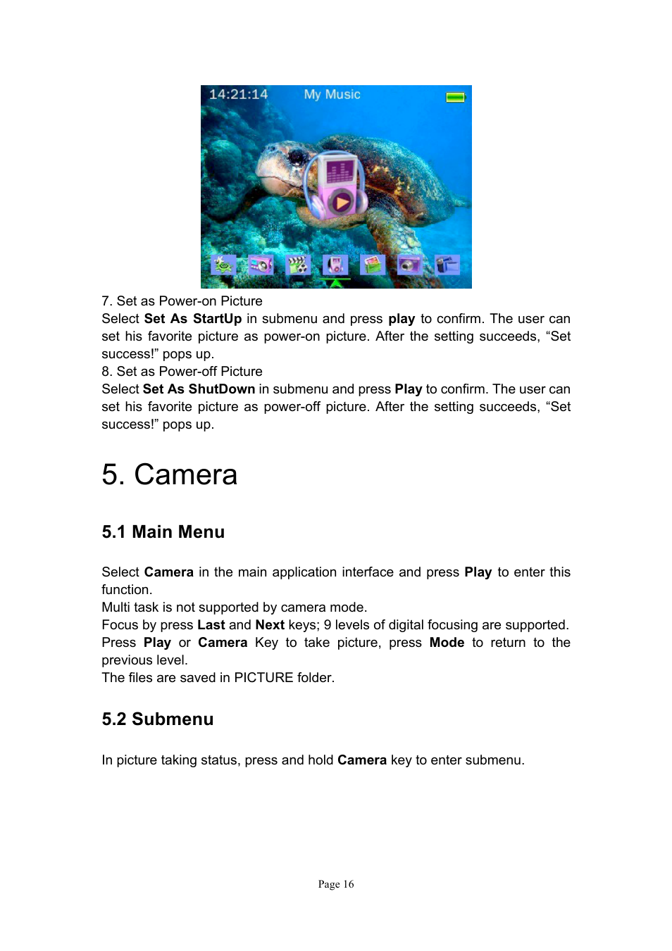 Camera, 1 main menu, 2 submenu | Naxa NMV-151 User Manual | Page 17 / 35
