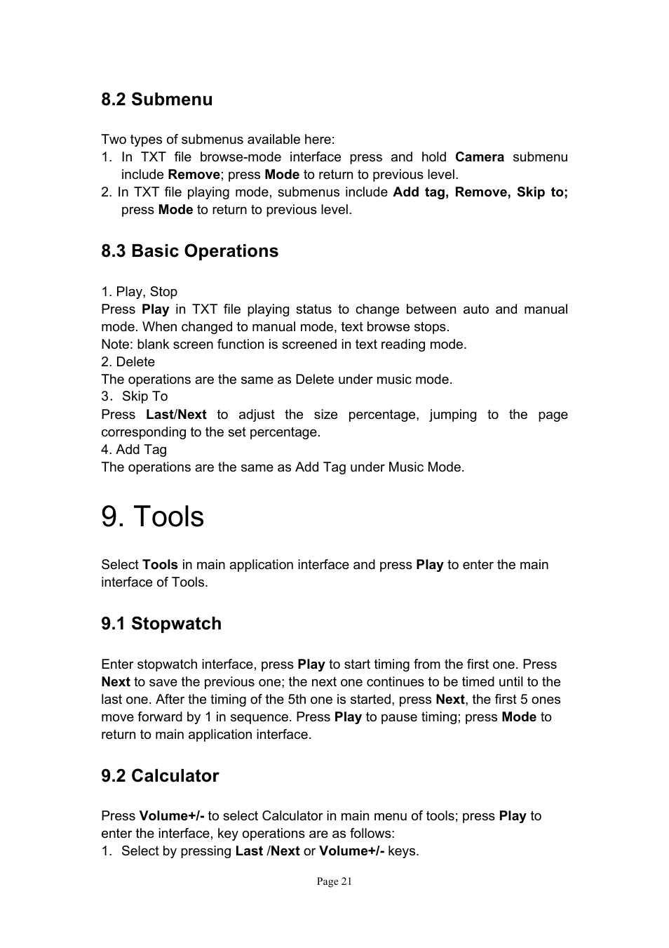 Tools, 2 submenu, 3 basic operations | 1 stopwatch, 2 calculator | Naxa NMV-151 User Manual | Page 22 / 35