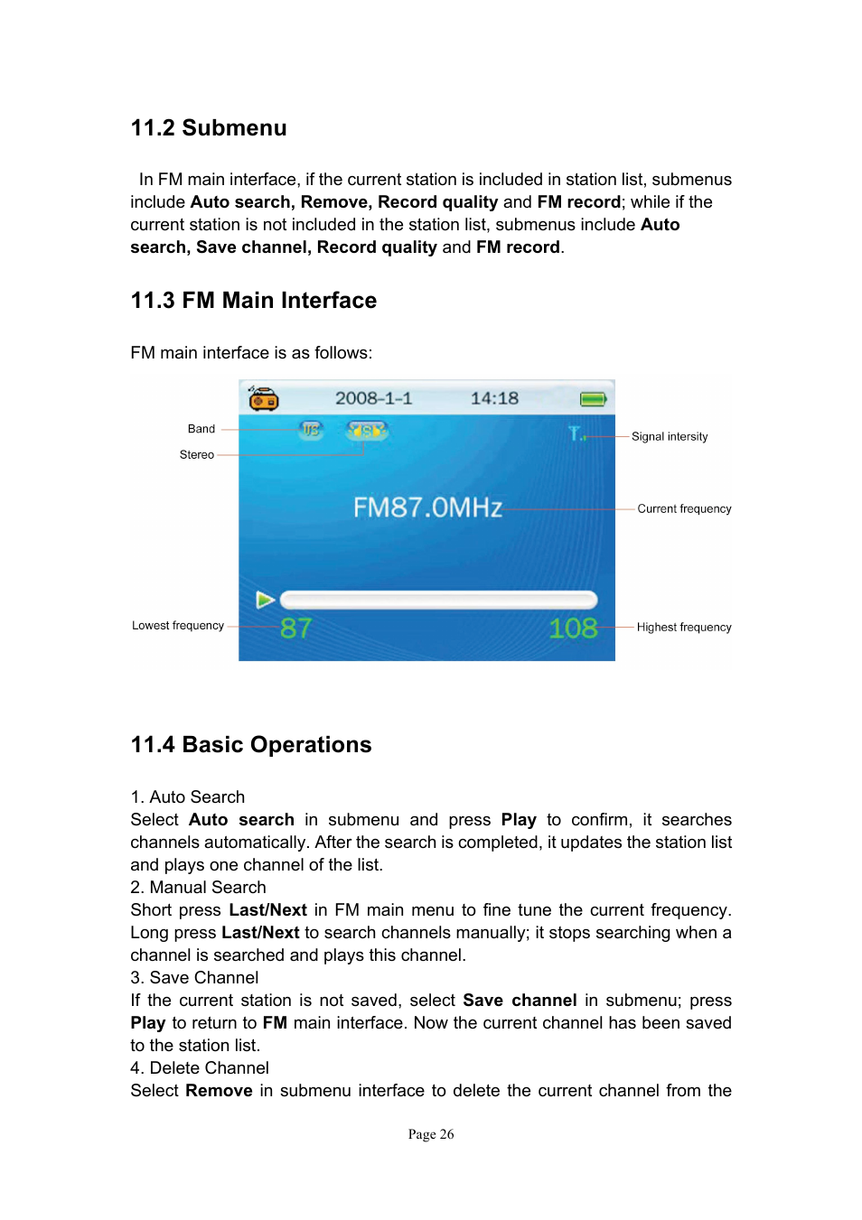 2 submenu, 3 fm main interface, 4 basic operations | Naxa NMV-151 User Manual | Page 27 / 35