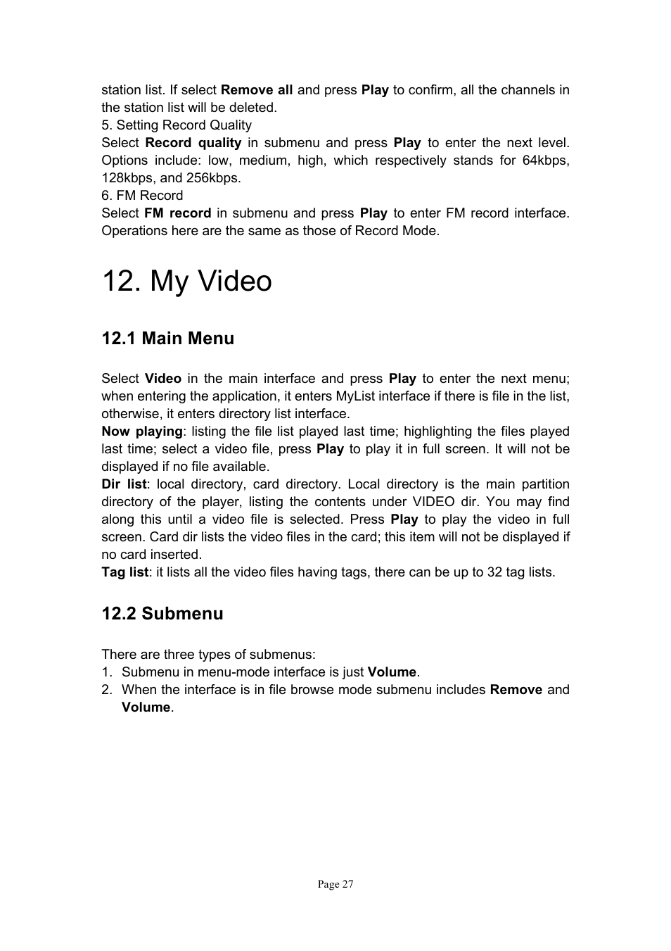 My video, 1 main menu, 2 submenu | Naxa NMV-151 User Manual | Page 28 / 35