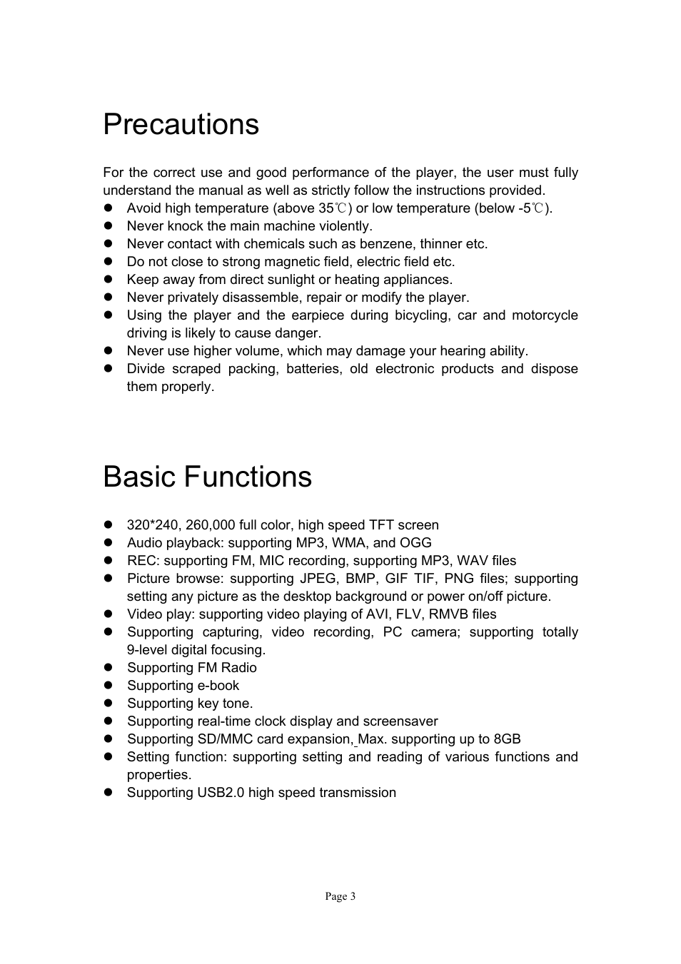 Precautions, Basic functions | Naxa NMV-151 User Manual | Page 4 / 35