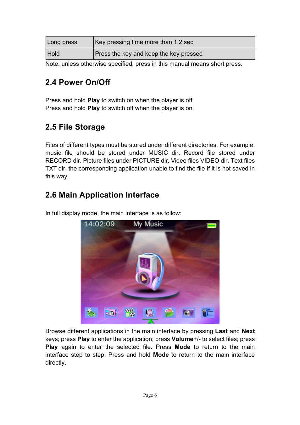 4 power on/off, 5 file storage, 6 main application interface | Naxa NMV-151 User Manual | Page 7 / 35