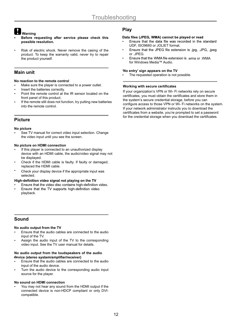Troubleshooting, Main unit, Picture | Sound, Play | Naxa NGT-20 User Manual | Page 14 / 15