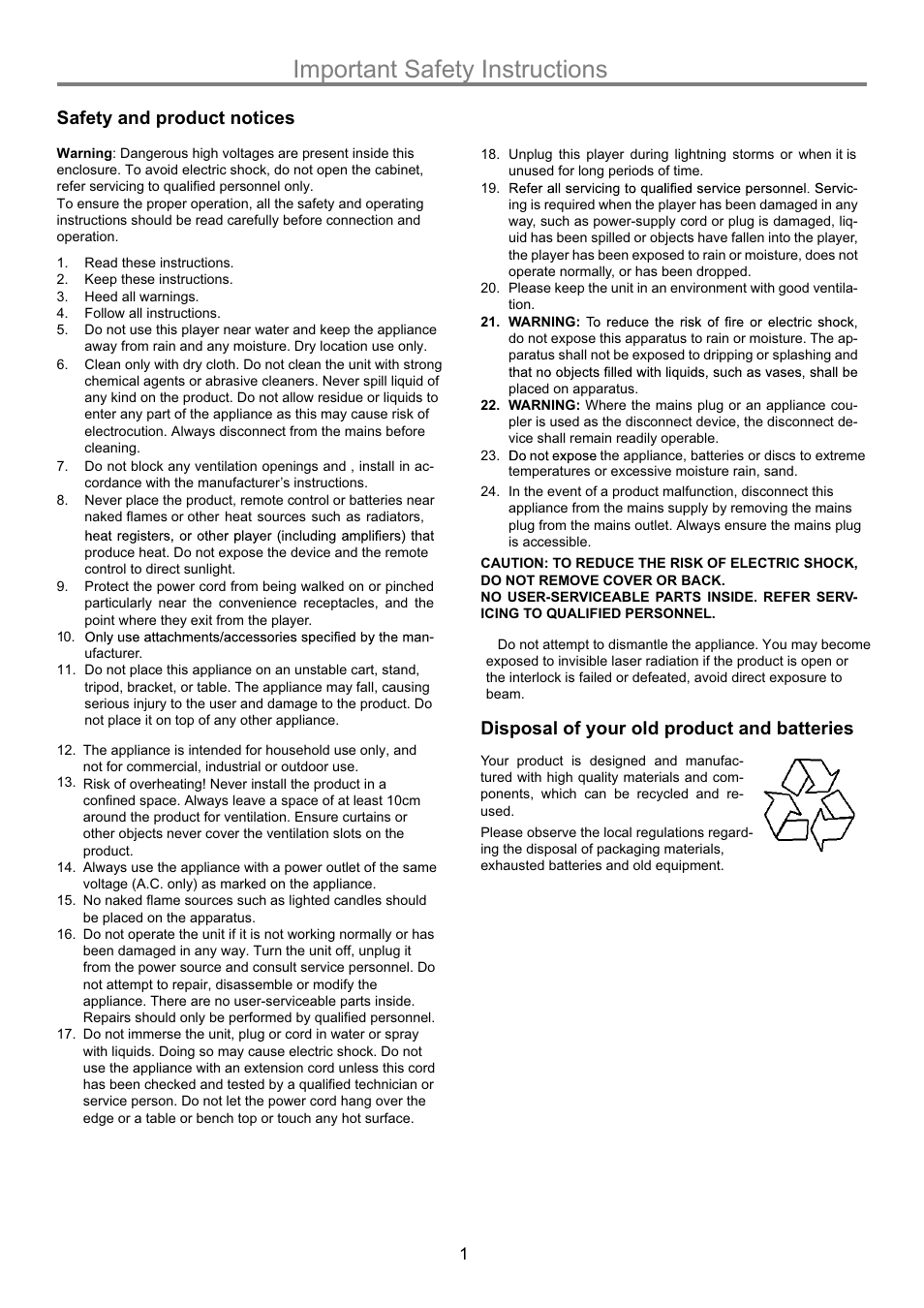 Important safety instructions, Safety and product notices, Disposal of your old product and batteries | Naxa NGT-20 User Manual | Page 3 / 15