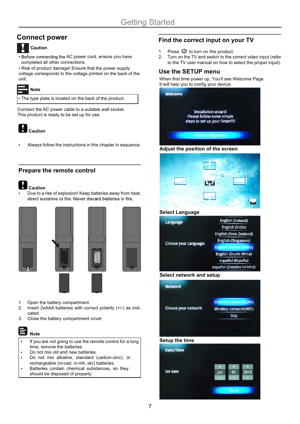 Getting started, Connect power, Prepare the remote control | Find the correct input on your tv, Use the setup menu | Naxa NGT-20 User Manual | Page 9 / 15