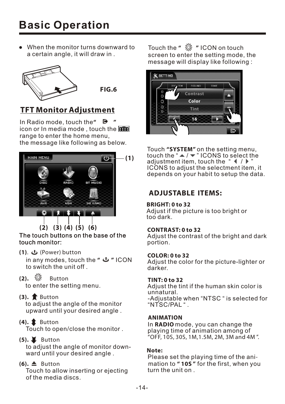 页 16, Basic operation, Tft monitor adjustment | Adjustable items | Naxa NCD-708 User Manual | Page 16 / 41