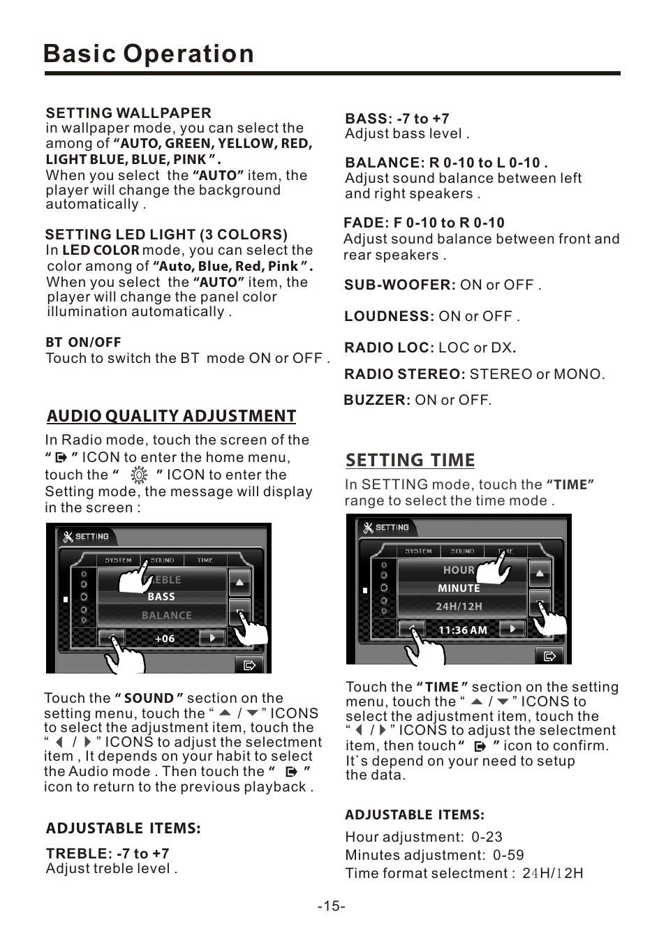 页 17, Basic operation, Setting time | Audio quality adjustment | Naxa NCD-708 User Manual | Page 17 / 41