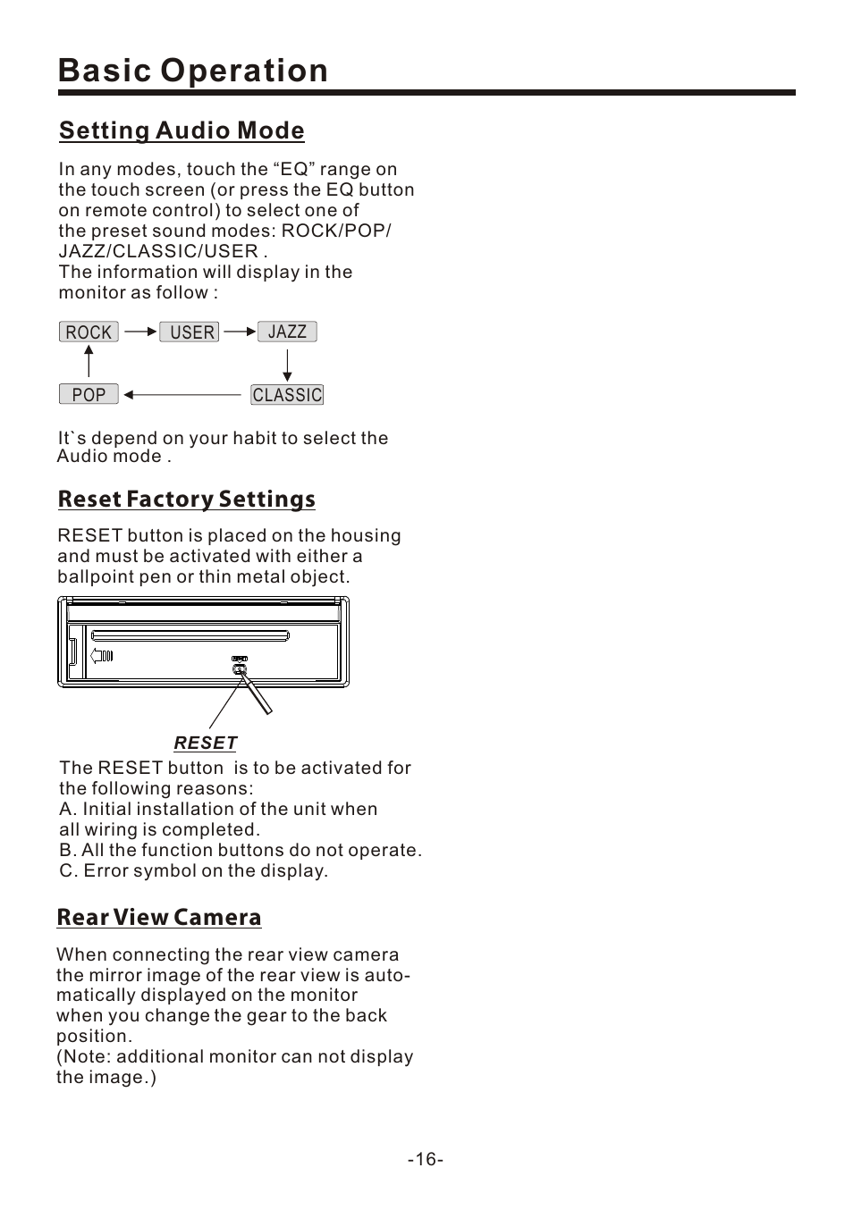 页 18, Basic operation, Reset factory settings | Rear view camera, Setting audio mode | Naxa NCD-708 User Manual | Page 18 / 41