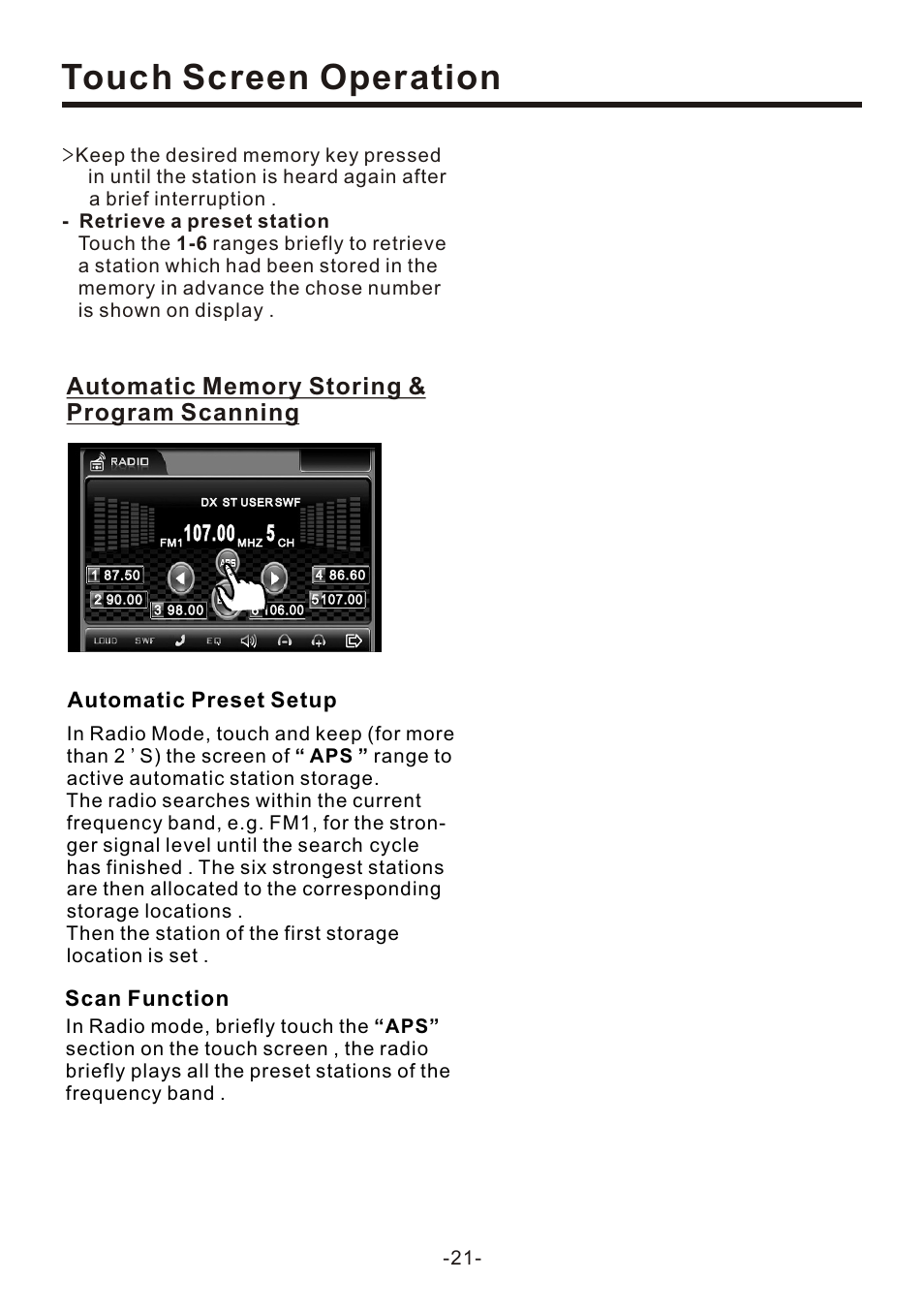 页 23, Touch screen operation, Automatic preset setup scan function | Naxa NCD-708 User Manual | Page 23 / 41