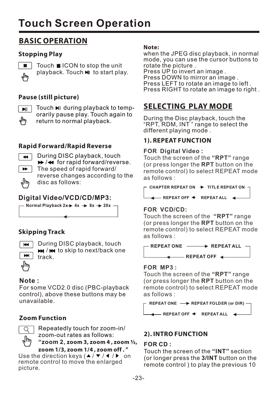 页 25, Touch screen operation, Selecting play mode | Basic operation | Naxa NCD-708 User Manual | Page 25 / 41