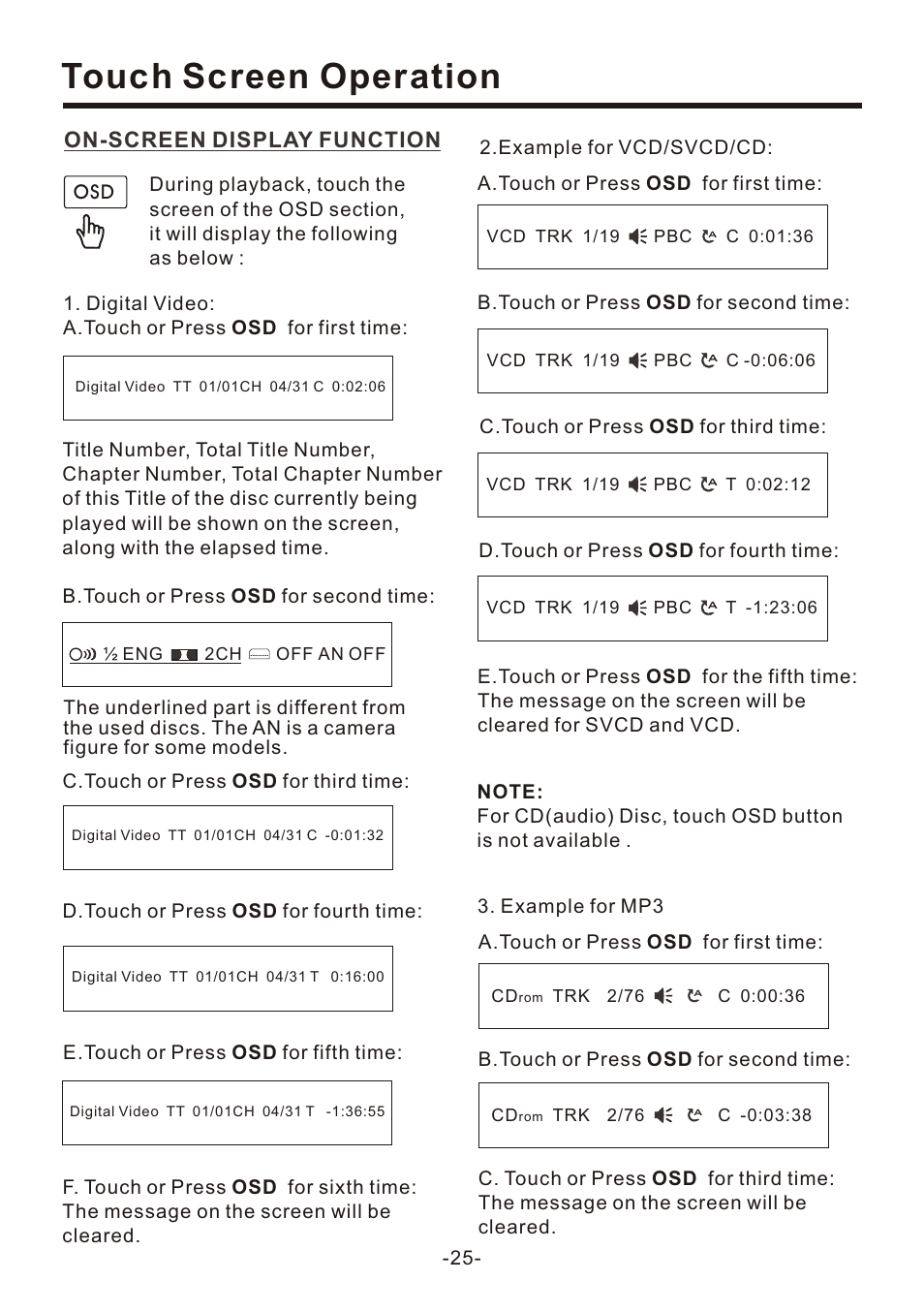页 27, Touch screen operation, On-screen display function | Naxa NCD-708 User Manual | Page 27 / 41