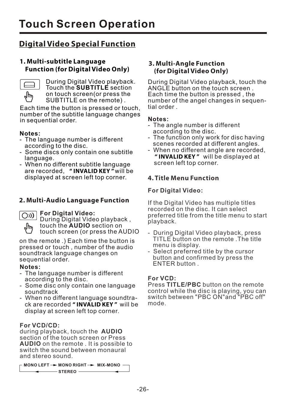 页 28, Touch screen operation, Digital video special function | Naxa NCD-708 User Manual | Page 28 / 41
