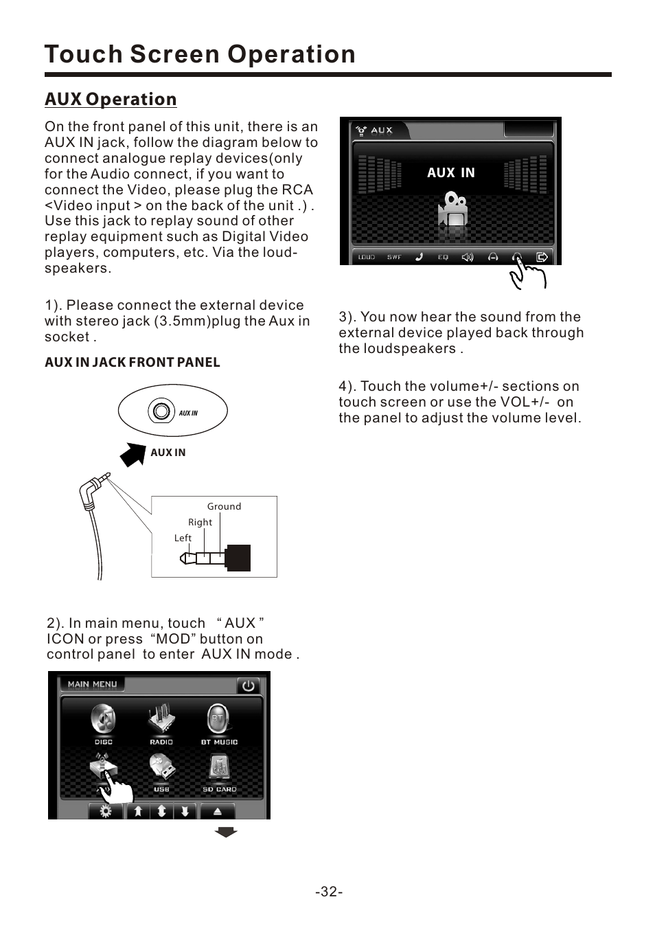 页 34, Touch screen operation, Aux operation | Naxa NCD-708 User Manual | Page 34 / 41
