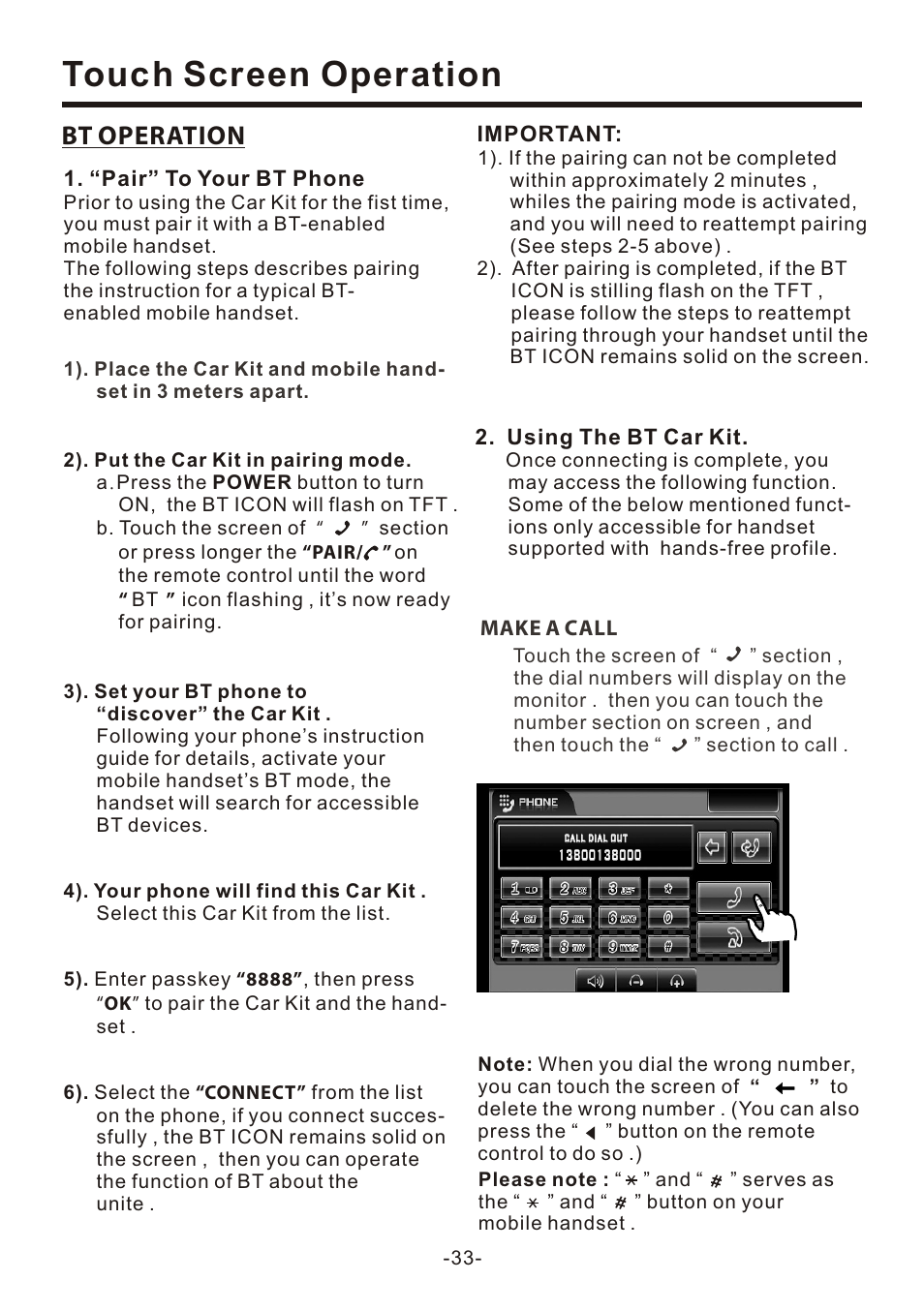 页 35, Touch screen operation, Bt operation | Naxa NCD-708 User Manual | Page 35 / 41