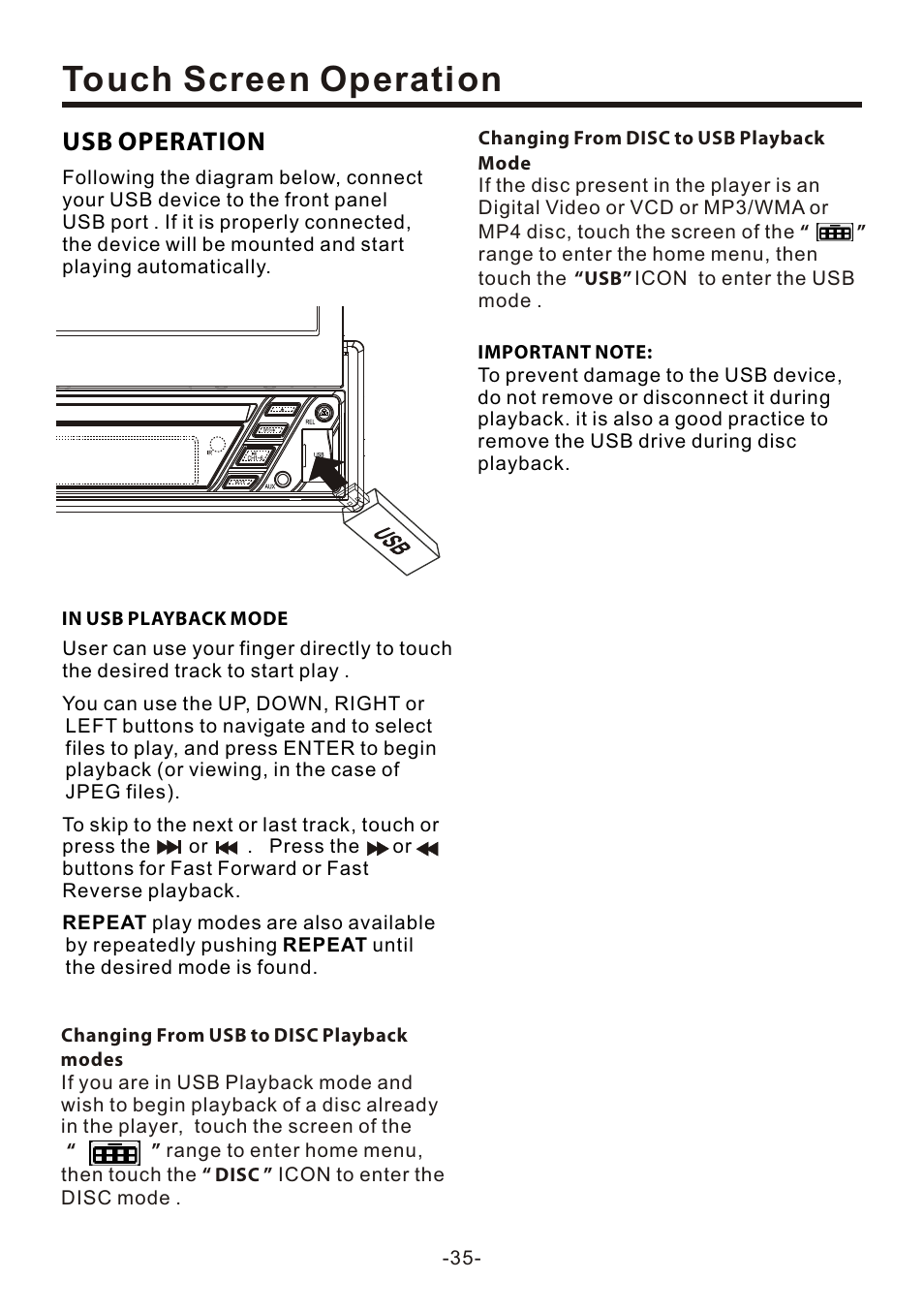 页 37, Touch screen operation, Usb operation | Naxa NCD-708 User Manual | Page 37 / 41