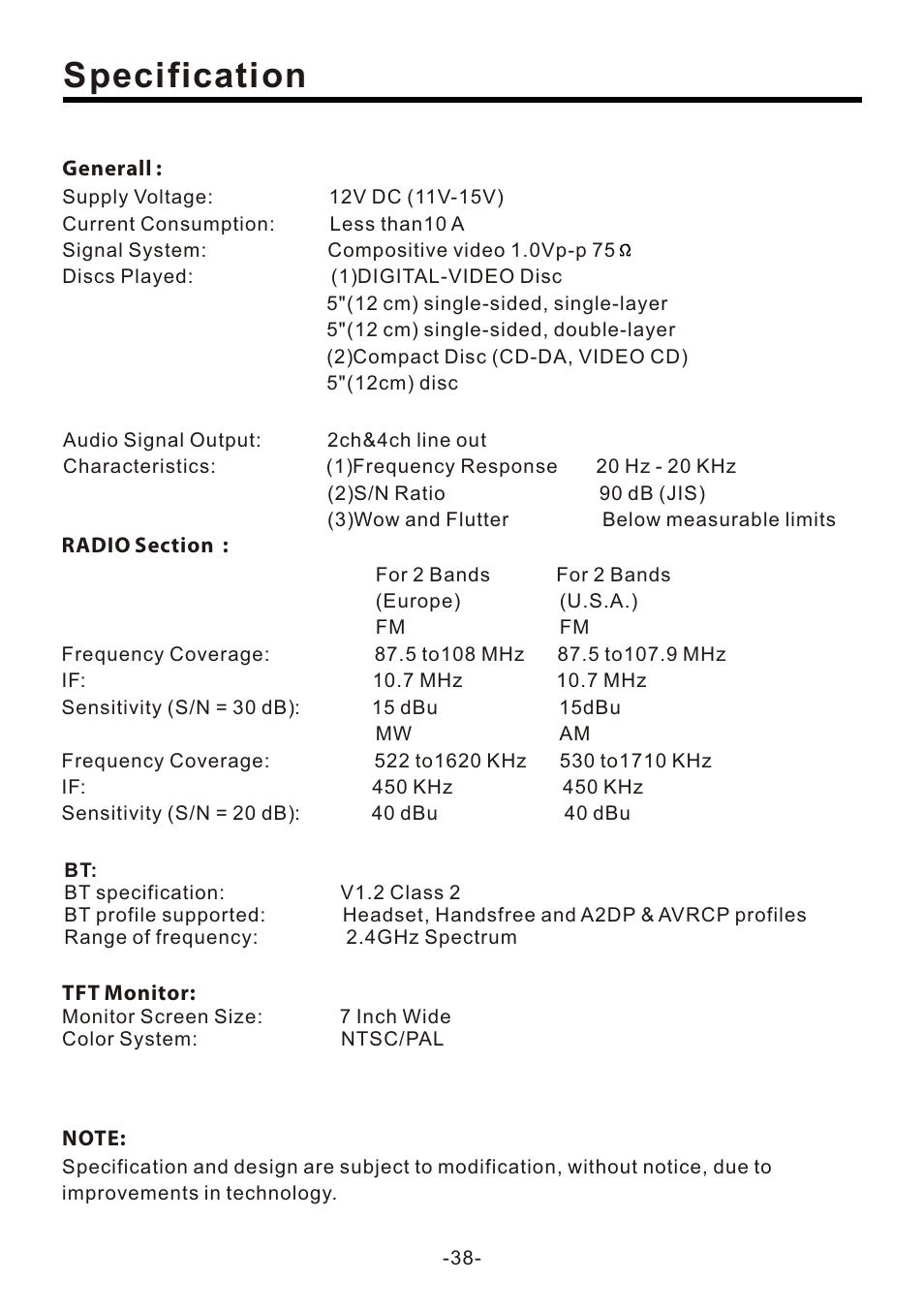 页 40, Specification | Naxa NCD-708 User Manual | Page 40 / 41