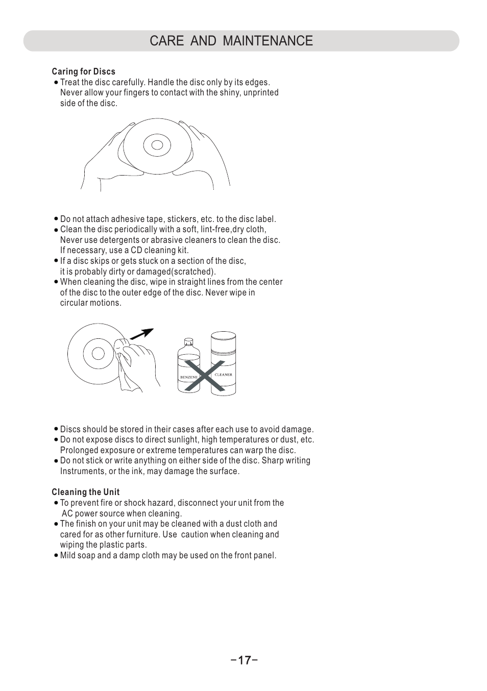 页 18, Care and maintenance | Naxa ND-851 User Manual | Page 18 / 20