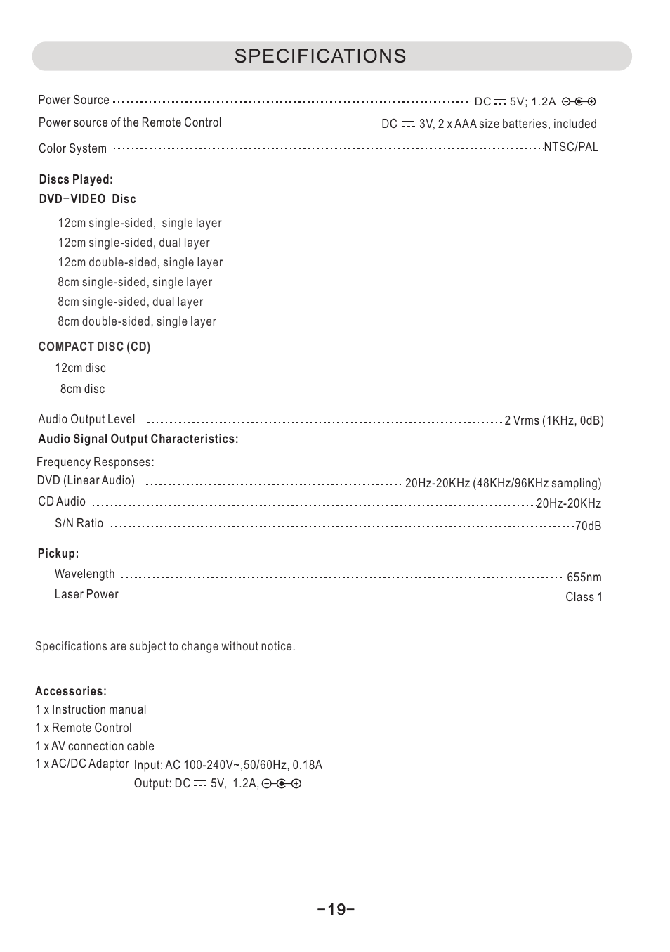 页 20, Specifications | Naxa ND-851 User Manual | Page 20 / 20