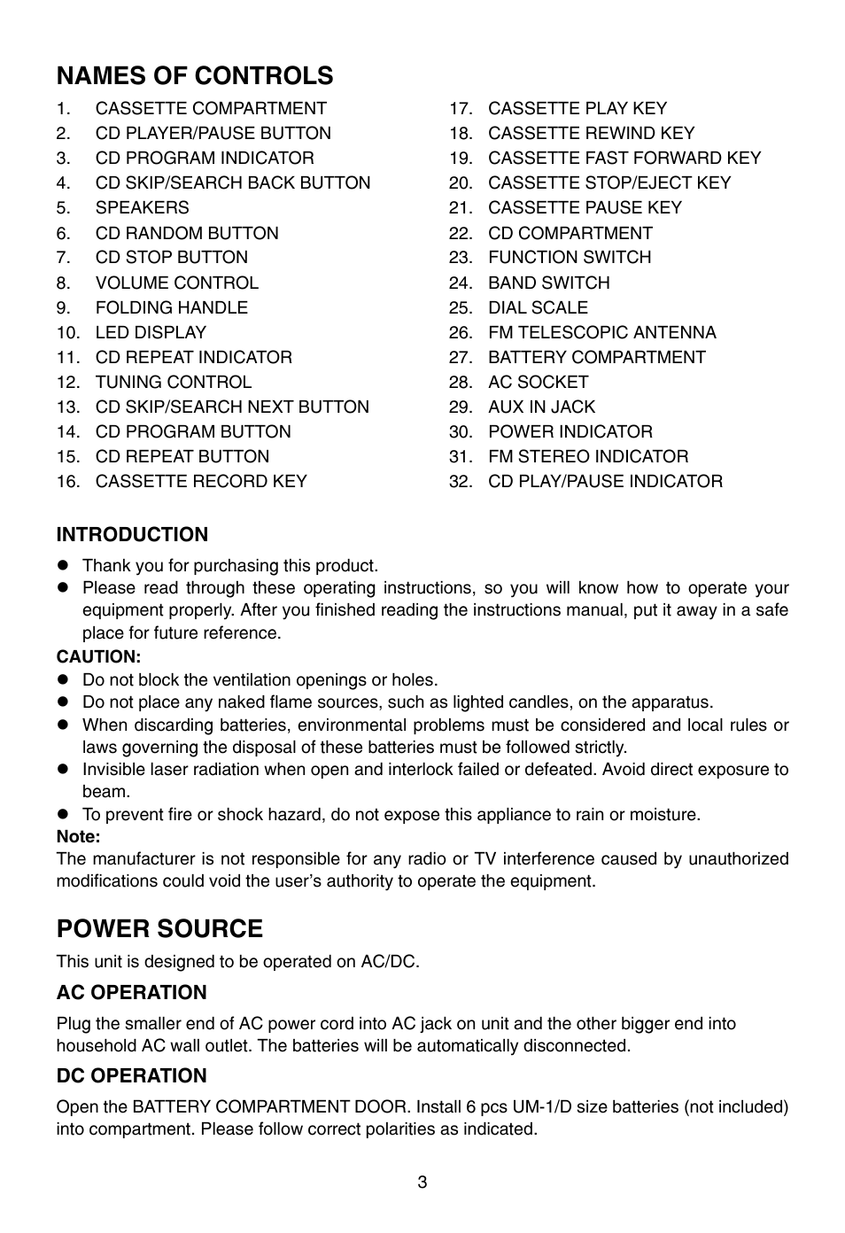 Names of controls, Power source | Naxa NPB-241 User Manual | Page 4 / 9