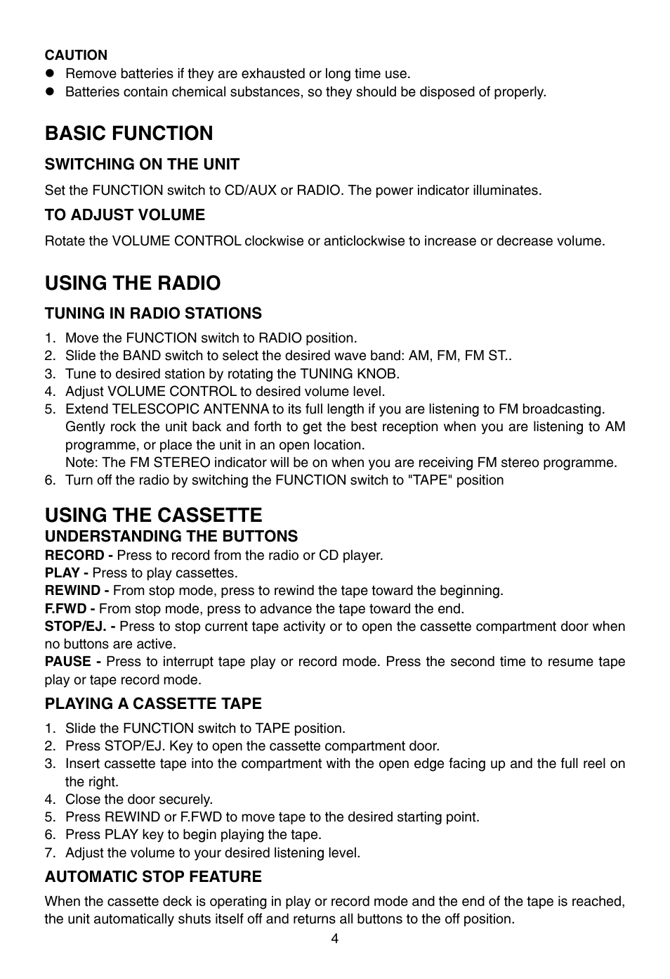 Basic function, Using the radio, Using the cassette | Naxa NPB-241 User Manual | Page 5 / 9