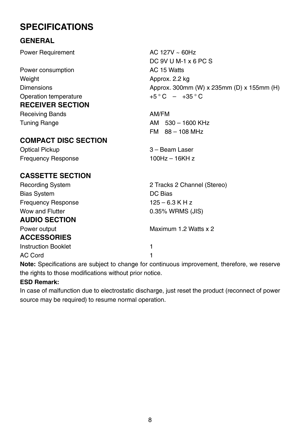 Specifications | Naxa NPB-241 User Manual | Page 9 / 9