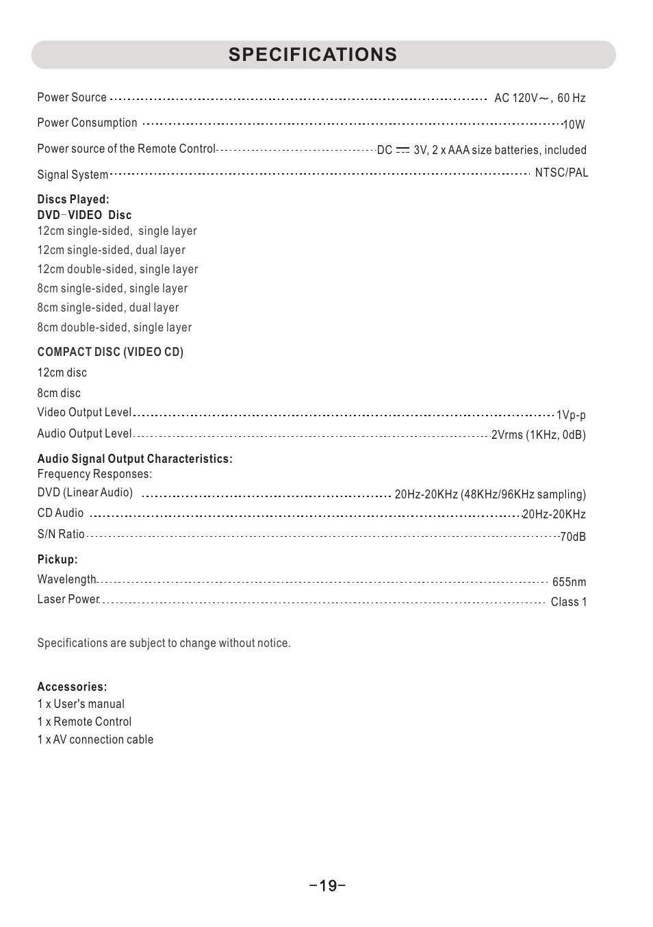 页 20, Specifications | Naxa ND-853 User Manual | Page 20 / 20