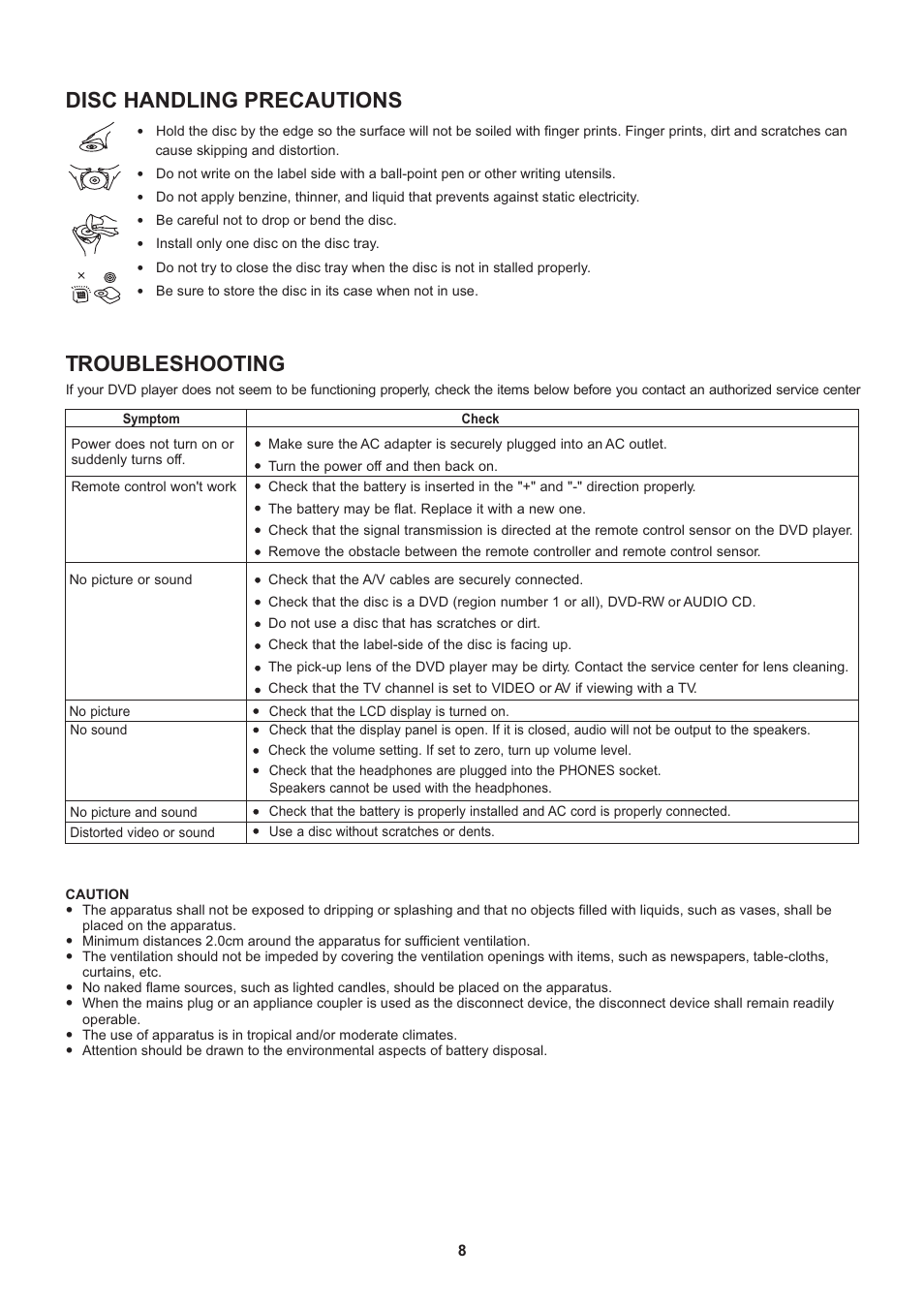 Disc handling precautions troubleshooting | Naxa NDL-429 User Manual | Page 9 / 9