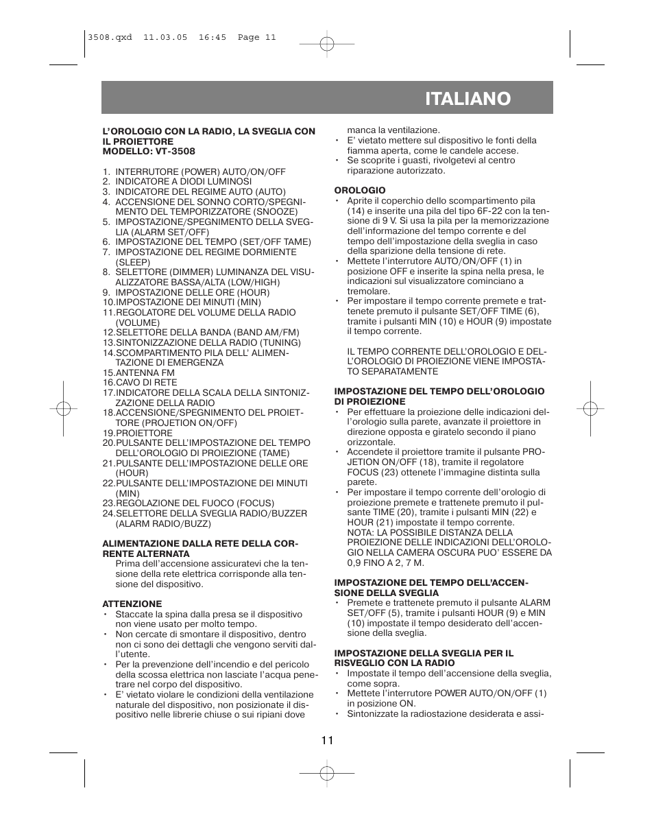 Italiano | Vitek VT-3508 User Manual | Page 11 / 32
