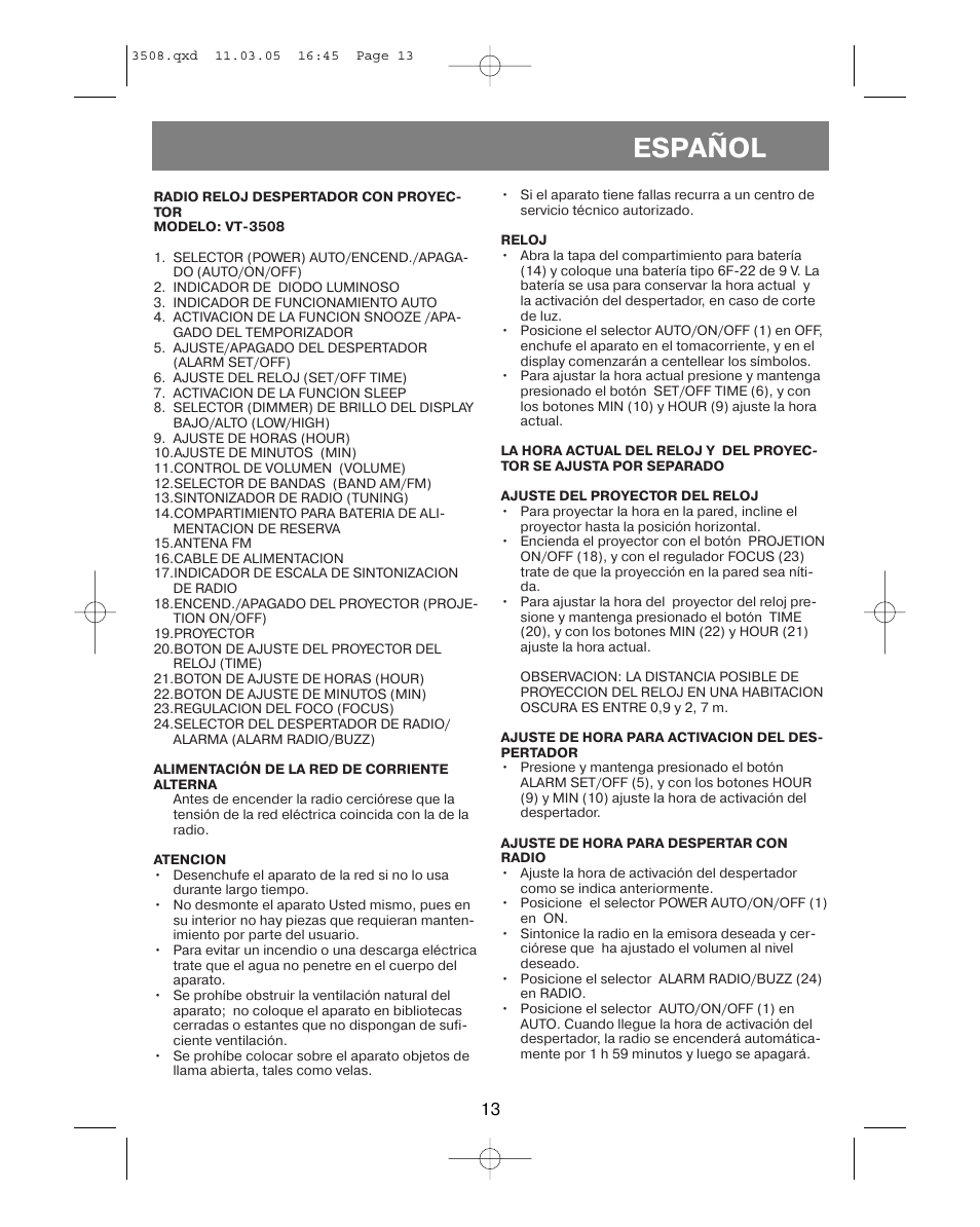 Español | Vitek VT-3508 User Manual | Page 13 / 32