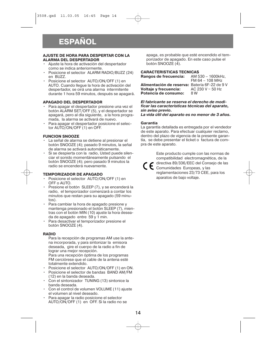 Español | Vitek VT-3508 User Manual | Page 14 / 32