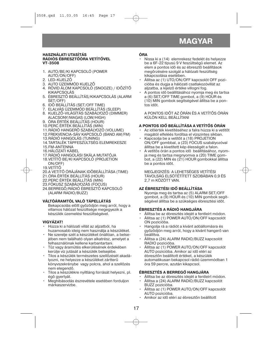 Magyar | Vitek VT-3508 User Manual | Page 17 / 32