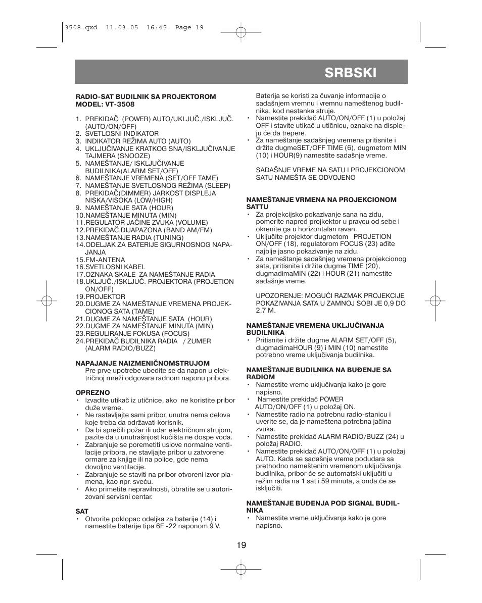 Srbski | Vitek VT-3508 User Manual | Page 19 / 32