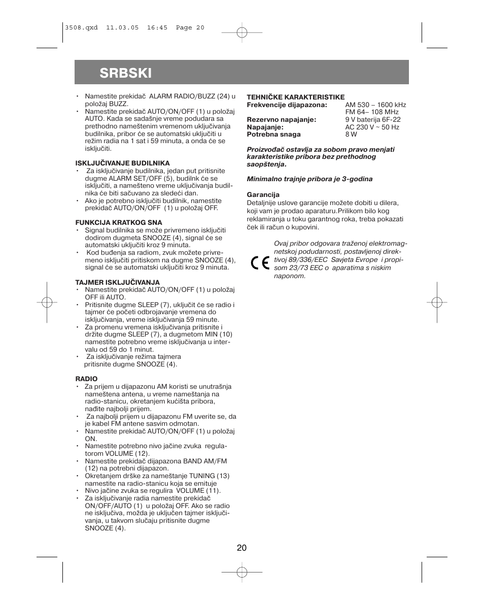 Srbski | Vitek VT-3508 User Manual | Page 20 / 32