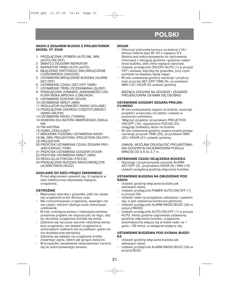 Polski | Vitek VT-3508 User Manual | Page 21 / 32