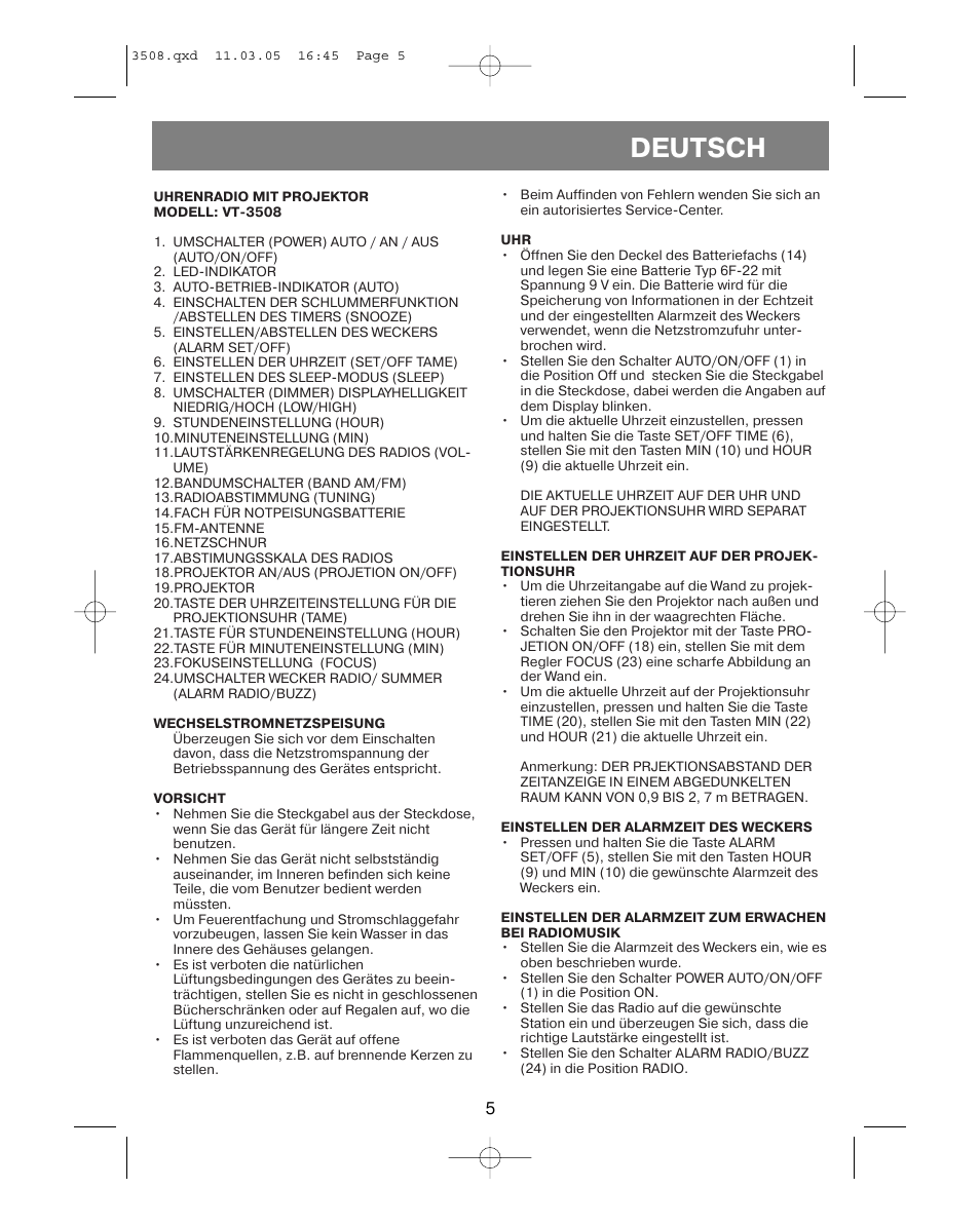 Deutsch | Vitek VT-3508 User Manual | Page 5 / 32