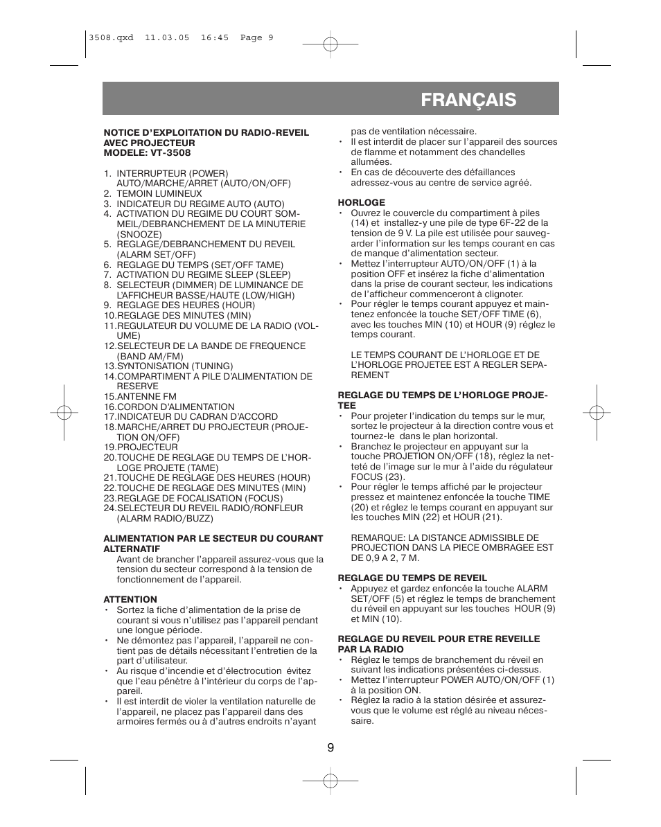 Français | Vitek VT-3508 User Manual | Page 9 / 32