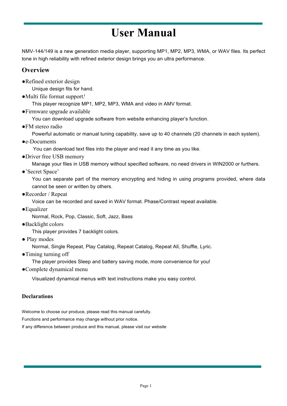 User manual, Overview | Naxa NMV-149 User Manual | Page 2 / 23