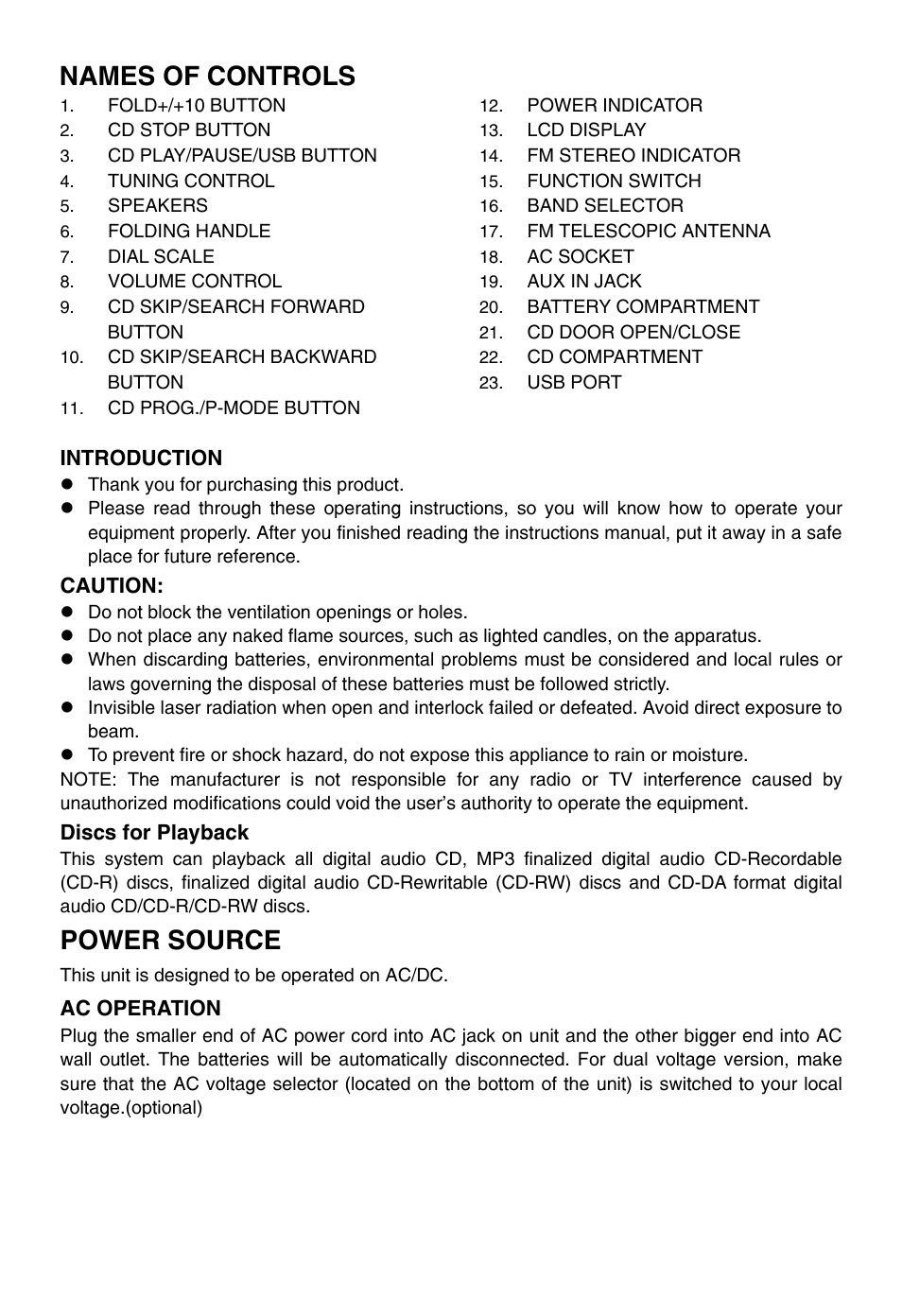 Names of controls, Power source | Naxa NPB-246 User Manual | Page 4 / 8