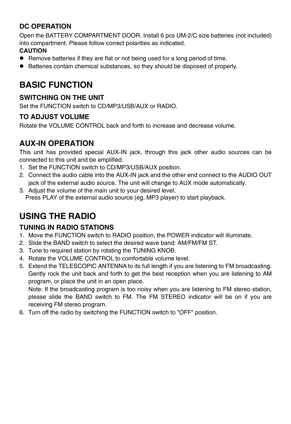 Basic function, Using the radio, Aux-in operation | Naxa NPB-246 User Manual | Page 5 / 8