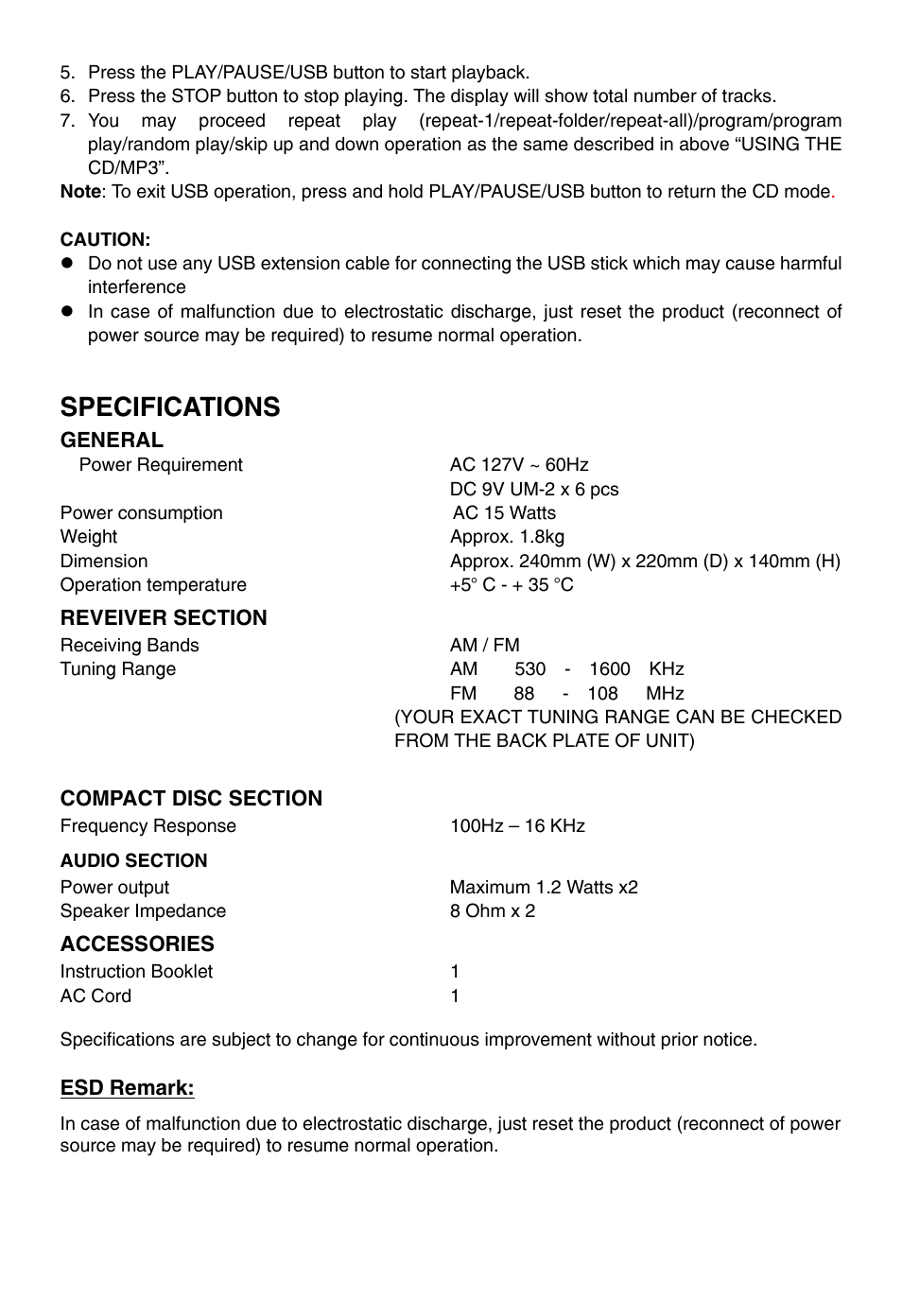 Specifications | Naxa NPB-246 User Manual | Page 8 / 8