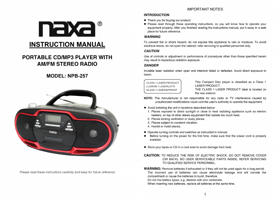 Naxa NPB-257 User Manual | 4 pages